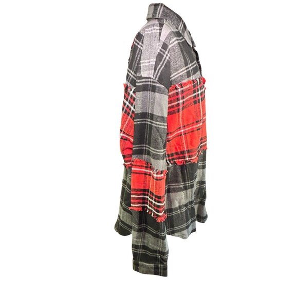 Rebel Vengeance Mens Plaid Patchwork Shirt Jacket XL 100% Cotton Red & Black - Picture 2 of 14
